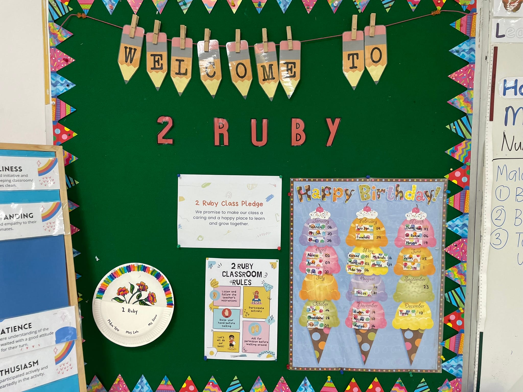 Green classroom bulletin board reading Welcome to 2 Ruby with pencil banner, class pledge, rules, and birthday chart.